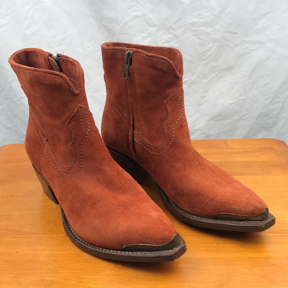 Frye Rust Orange Suede Ankle Heeled Boots